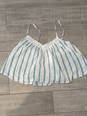 American Eagle Outfitters White and Teal Striped Lace-Trim Crop Cami